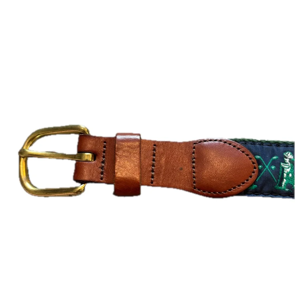 Leather Man Ltd Mens Golf Ribbon Belt Navy Leather Brass Buckle Size 40 USA Made